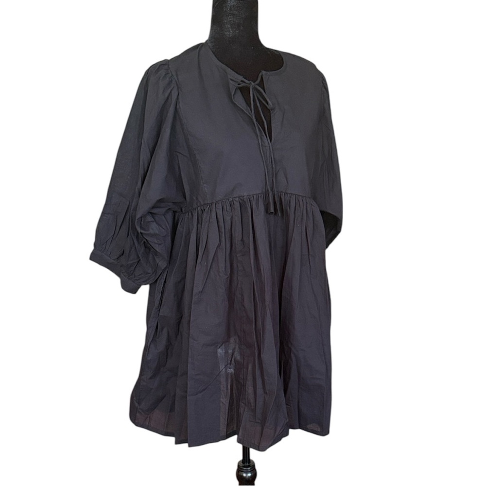 House of Sundar Boho vacation Cotton Black Puff Sleeve Dress M Handcrafted